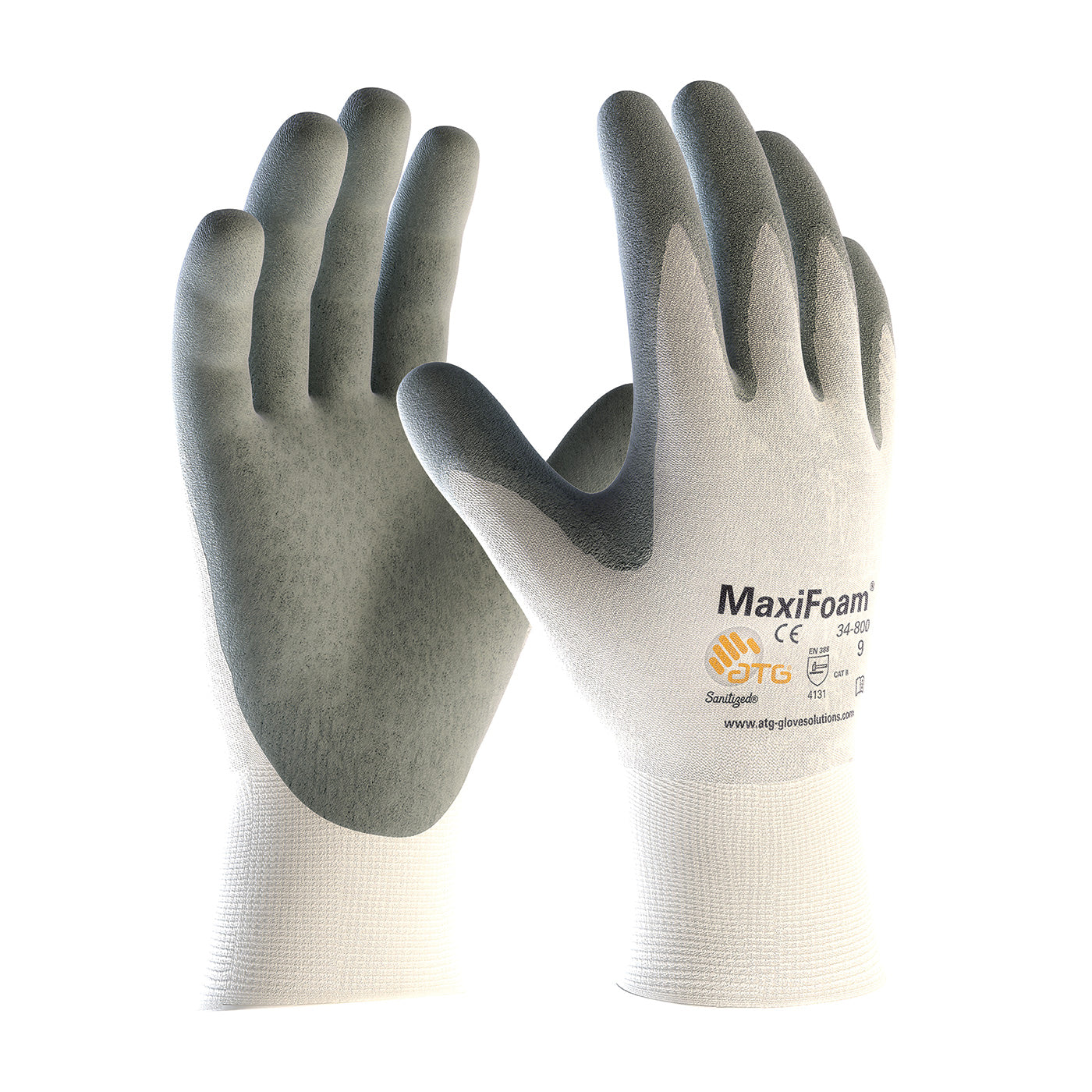 ATG® 34-800/L Washable General Purpose Work Gloves, Grip/Seamless Style, L, Nylon/Micro-Foam Nitrile Palm, Gray/White, Resists: Abrasion/Puncture and Tear