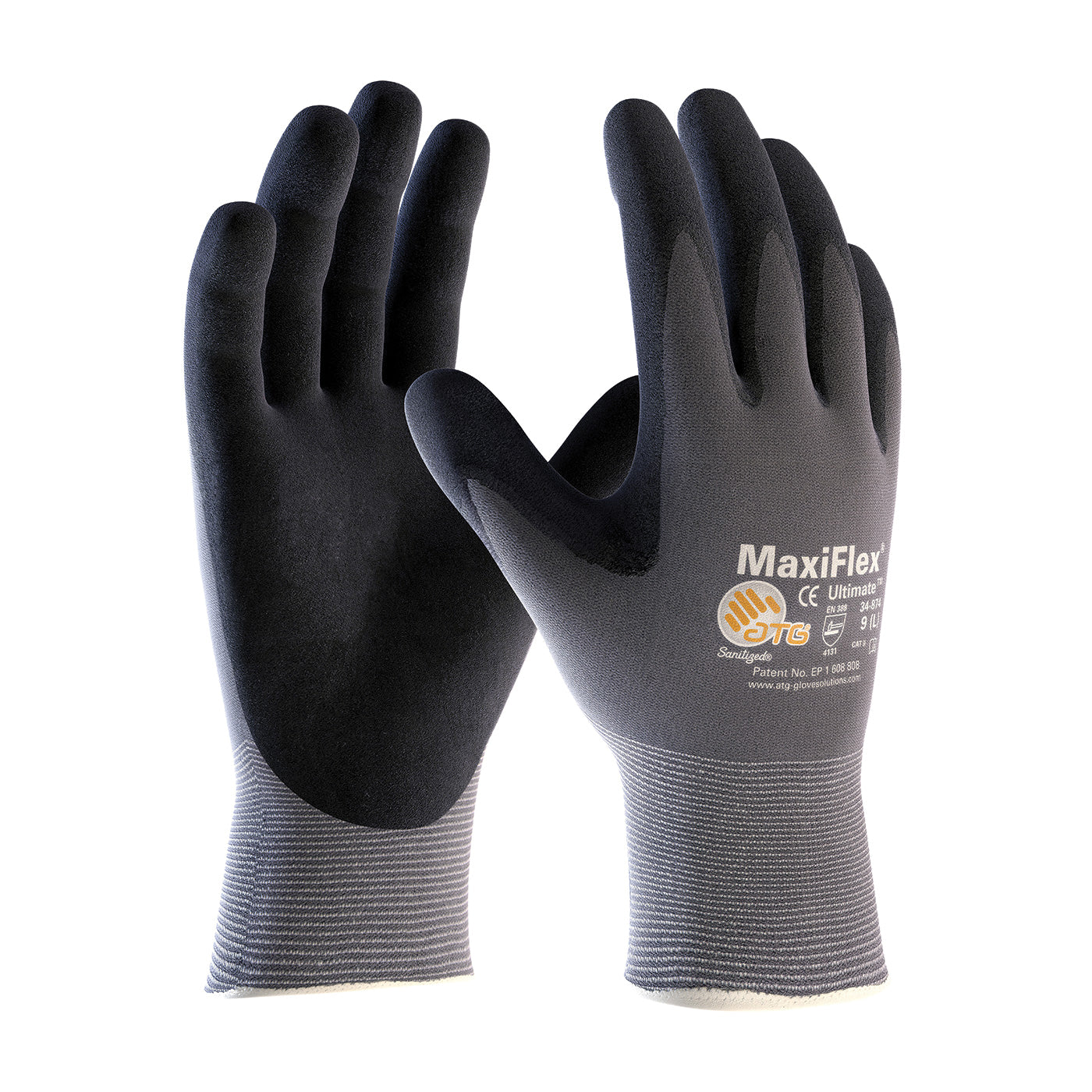 ATG® 34-874/S 34-874 General Purpose Gloves, Seamless Style, Microfoam Nitrile Palm, 15 ga Nylon, Black/Gray, Resists: Abrasion, Cut, Puncture and Tear, Nylon/Lycra® Lining