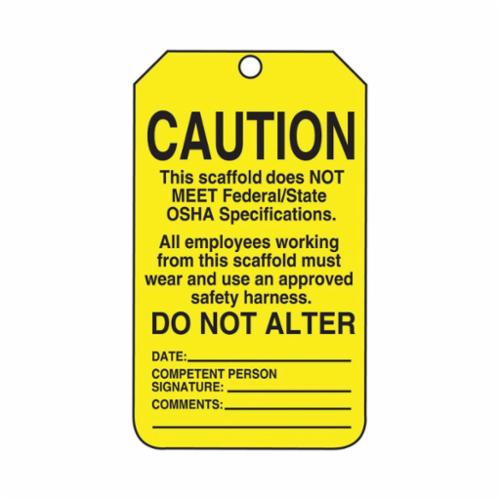 Accuform® TSS102CTP Scaffold Status Safety Tag, 5-3/4 in H x 3-1/4 in W, Black/Yellow, 3/8 in Hole, Cardstock