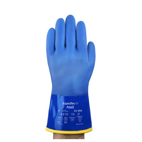 AlphaTec® 23202100 23-202 Medium Duty Gloves, 10, Blue, Cotton Lining, 11.8 in L, Resists: Chemical, Supported Support, Straight Cuff, 13 ga THK