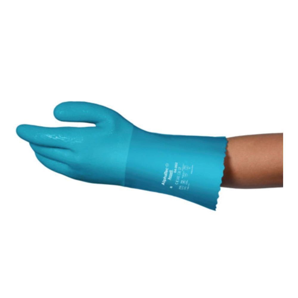 AlphaTec® 4002100 Medium Duty Chemical-Resistant Gloves, 10, Left/Right Hand, Nitrile/PVC/Rubber, Blue, Fleece Lining, 12 in L, Resists: Abrasion, Chemical, Heat, Liquid and Oil, Unsupported Support, Gauntlet Cuff