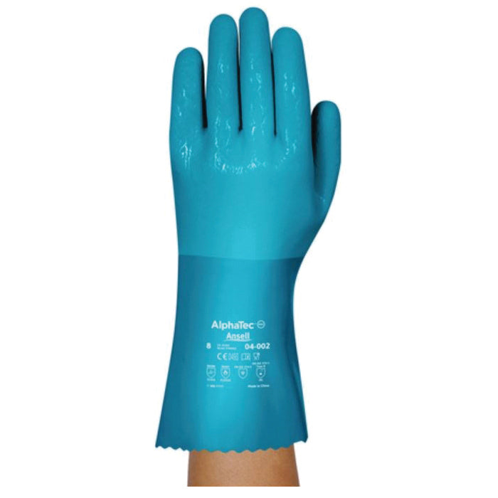 AlphaTec® 4002100 Medium Duty Chemical-Resistant Gloves, 10, Left/Right Hand, Nitrile/PVC/Rubber, Blue, Fleece Lining, 12 in L, Resists: Abrasion, Chemical, Heat, Liquid and Oil, Unsupported Support, Gauntlet Cuff