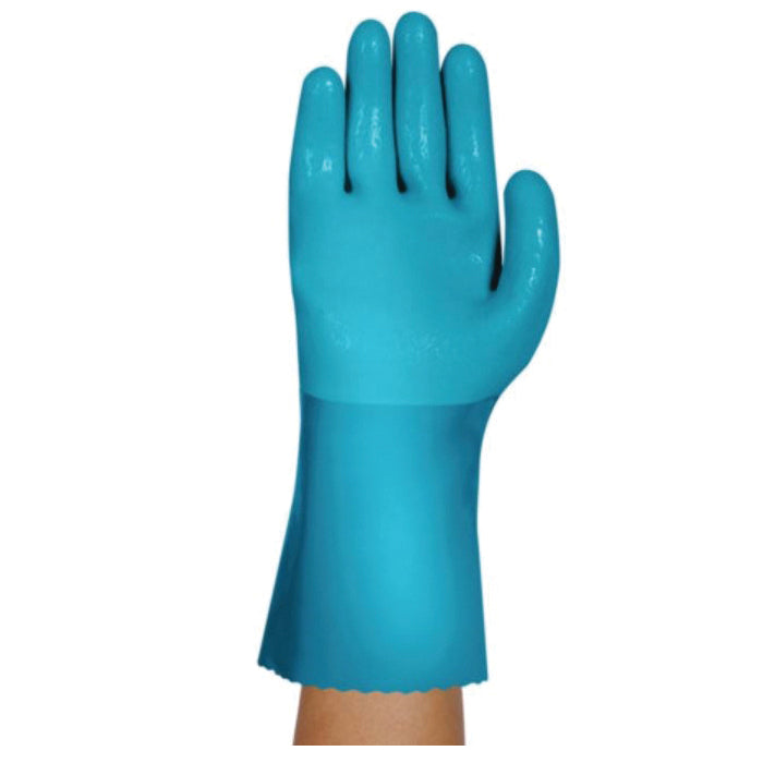 AlphaTec® 4002100 Medium Duty Chemical-Resistant Gloves, 10, Left/Right Hand, Nitrile/PVC/Rubber, Blue, Fleece Lining, 12 in L, Resists: Abrasion, Chemical, Heat, Liquid and Oil, Unsupported Support, Gauntlet Cuff