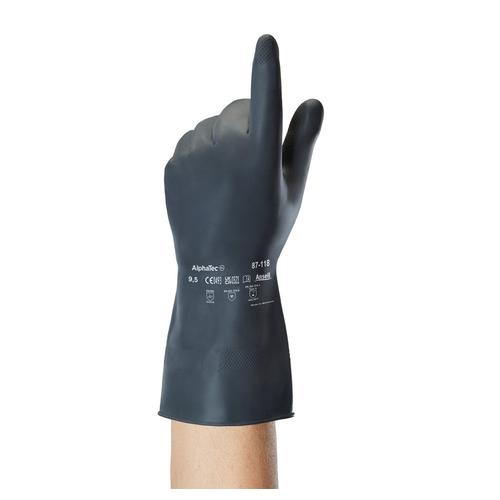 AlphaTec® 6438 87-118 Heavy Duty Gloves, 9.5, Black, Flocked Cotton Lining, 13 in L, Resists: Chemical, Unsupported Support, Beaded Cuff, 31.5 mil THK
