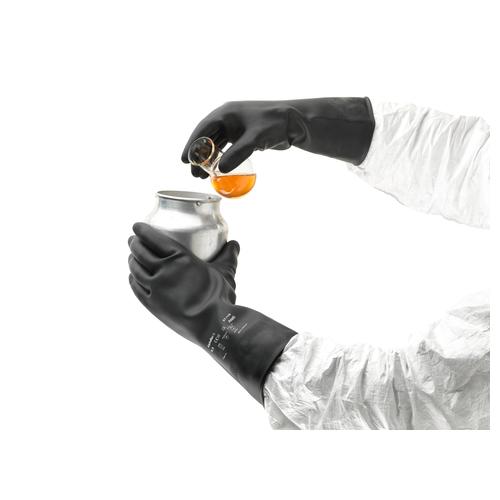 AlphaTec® 6438 87-118 Heavy Duty Gloves, 9.5, Black, Flocked Cotton Lining, 13 in L, Resists: Chemical, Unsupported Support, Beaded Cuff, 31.5 mil THK