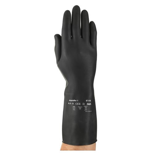 AlphaTec® 6438 87-118 Heavy Duty Gloves, 9.5, Black, Flocked Cotton Lining, 13 in L, Resists: Chemical, Unsupported Support, Beaded Cuff, 31.5 mil THK