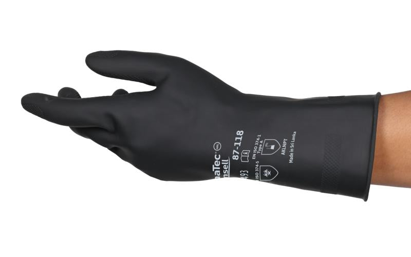 AlphaTec® 87118100 87-118 Heavy Duty Gloves, 10, Black, 12.2 in L, Resists: Abrasion, Unsupported Support, Beaded Cuff, 31.5 mil THK