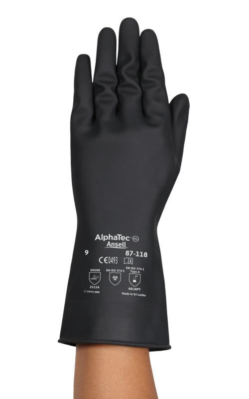 AlphaTec® 87118100 87-118 Heavy Duty Gloves, 10, Black, 12.2 in L, Resists: Abrasion, Unsupported Support, Beaded Cuff, 31.5 mil THK