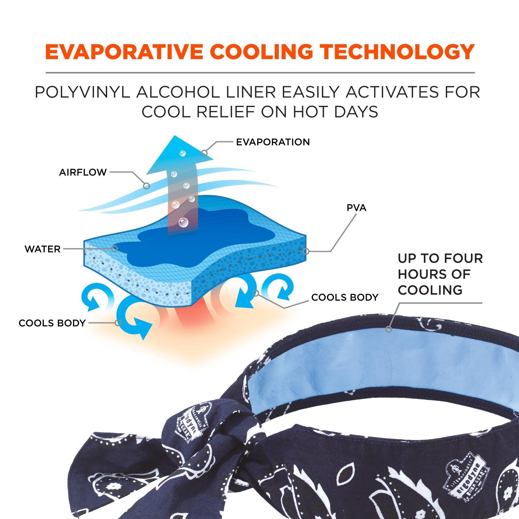 Chill-Its® 12564 6700CT Evaporative Cooling Bandana With Cooling Towel, Universal, Polyvinyl Alcohol, Tie Closure