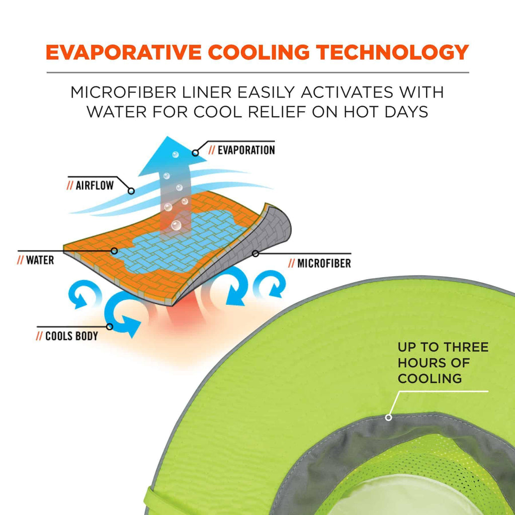 Chill-Its® 12595 8935MF Evaporative Ranger Hat With Microfiber Cooling, L/XL, Hi-Viz Lime, 150D Oxford Polyester