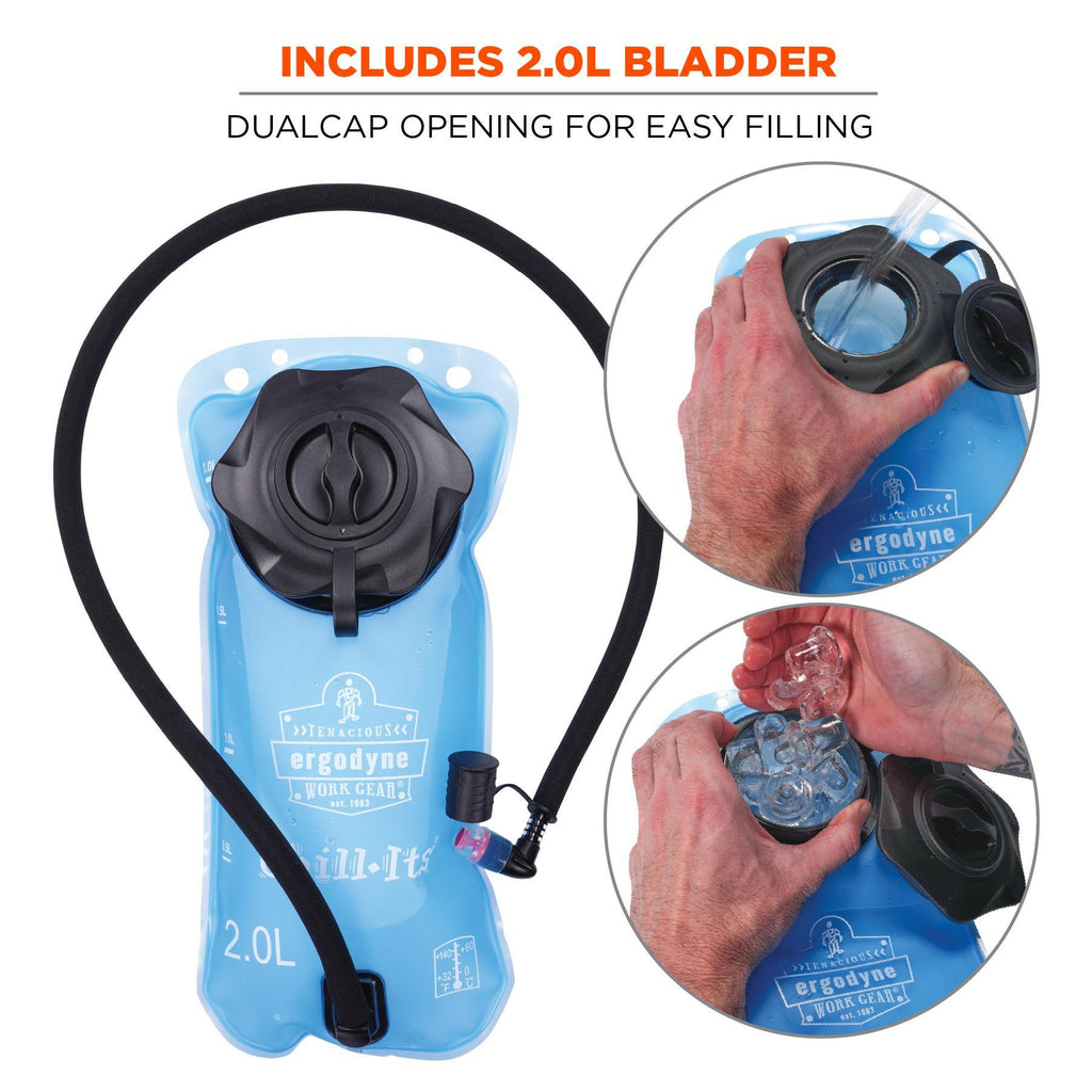 Chill-Its® 13155 5155 Low Profile Hydration Pack, 2 L/70 oz/2.2 hr Capacity, 600D Polyester Shell/Vinyl Bladder, Black, Zipper Closure