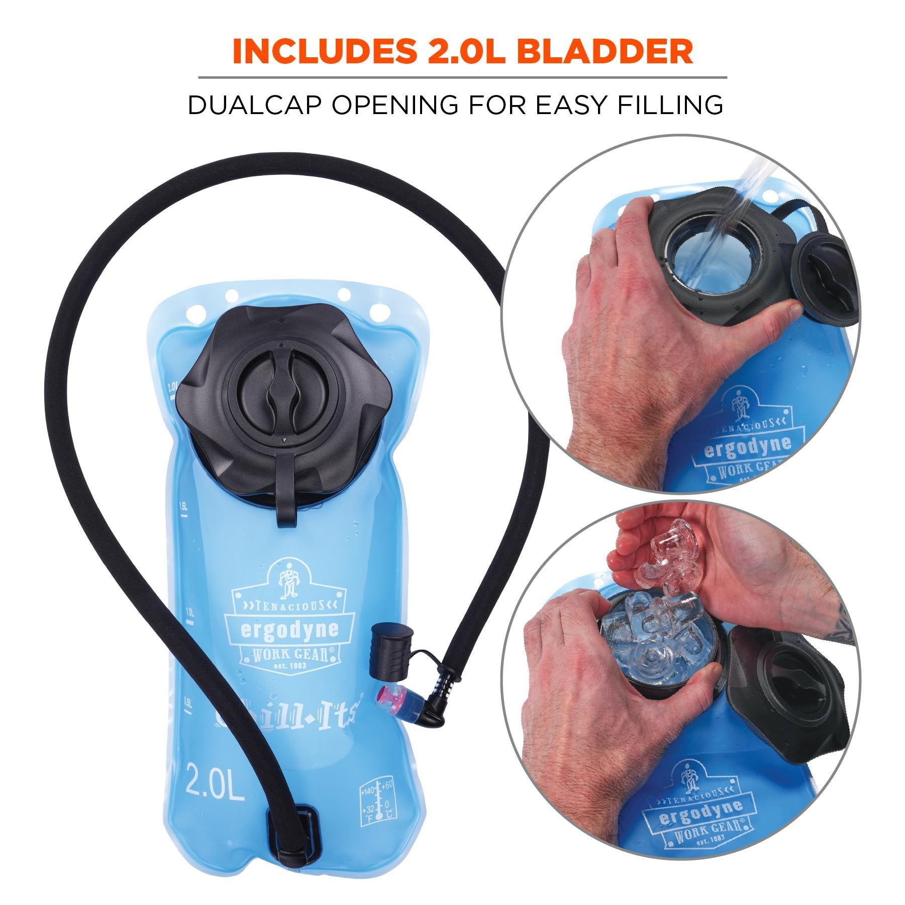 Chill-Its® 13155 5155 Low Profile Hydration Pack, 2 L/70 oz/2.2 hr Capacity, 600D Polyester Shell/Vinyl Bladder, Black, Zipper Closure
