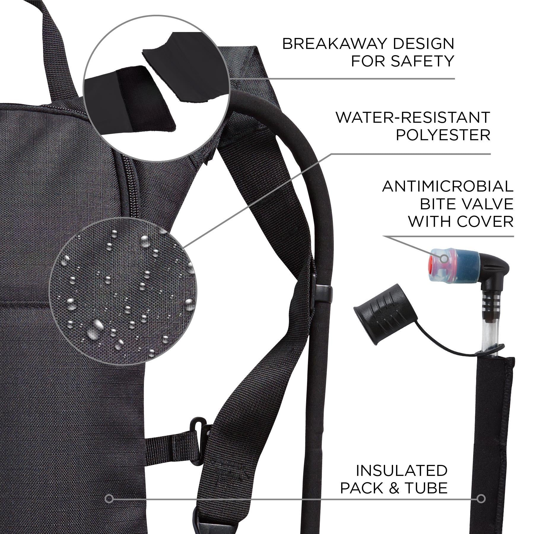 Chill-Its® 13155 5155 Low Profile Hydration Pack, 2 L/70 oz/2.2 hr Capacity, 600D Polyester Shell/Vinyl Bladder, Black, Zipper Closure