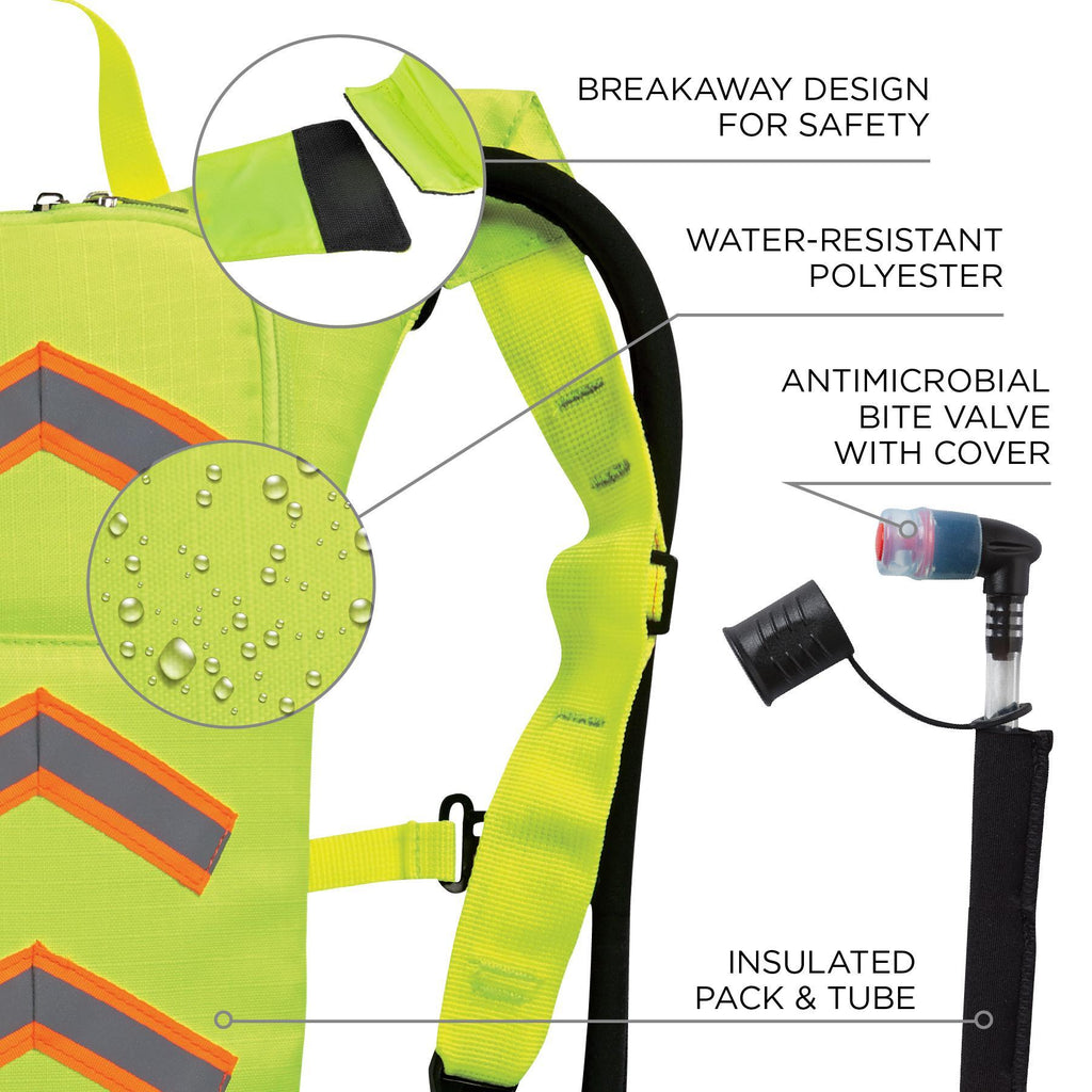 Chill-Its® 13156 5155HV Low Profile Hydration Pack, 2 L/70 oz/2.2 hr, 600D Polyester Shell/EVA Reservoir, Hi-Viz Lime, Zipper Closure
