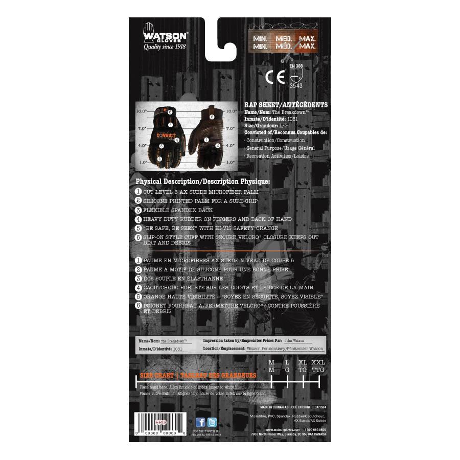 Watson 1051-XL Convict High Performance Cut-Resistant Gloves, XL, Silicone Printed Coating, Polyethylene/Rubber/Spandex®, Adjustable Cuff, Resists: Abrasion, Cut, Impact, Wear, Water, Dirt and Debris, ANSI Cut-Resistance Level: A5