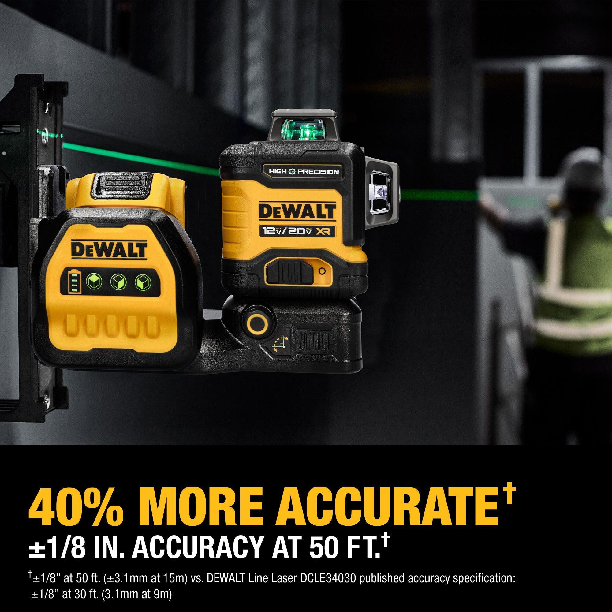 DeWALT® DCLE34033D1 High Precision Green Laser, +/-1/16 in at 25 ft Accuracy, Power Source: 20V MAX* Battery