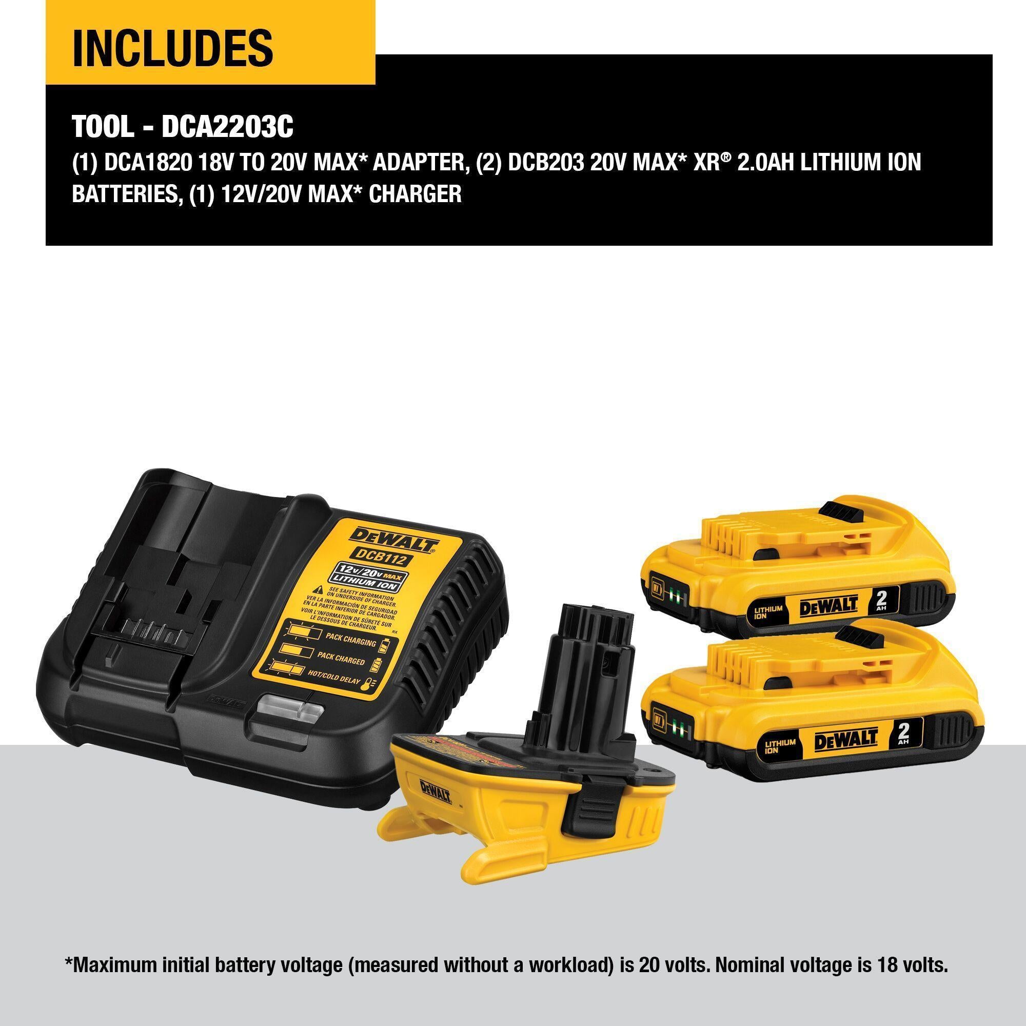 DeWALT® 20V MAX* MATRIX™ DCA2203C Slide, 2 Ah Li-Ion Battery, 20 V DC Charge, For Use With DeWALT® 18 V MAX Tools, DCB201 and DCB203 Compact Batteries