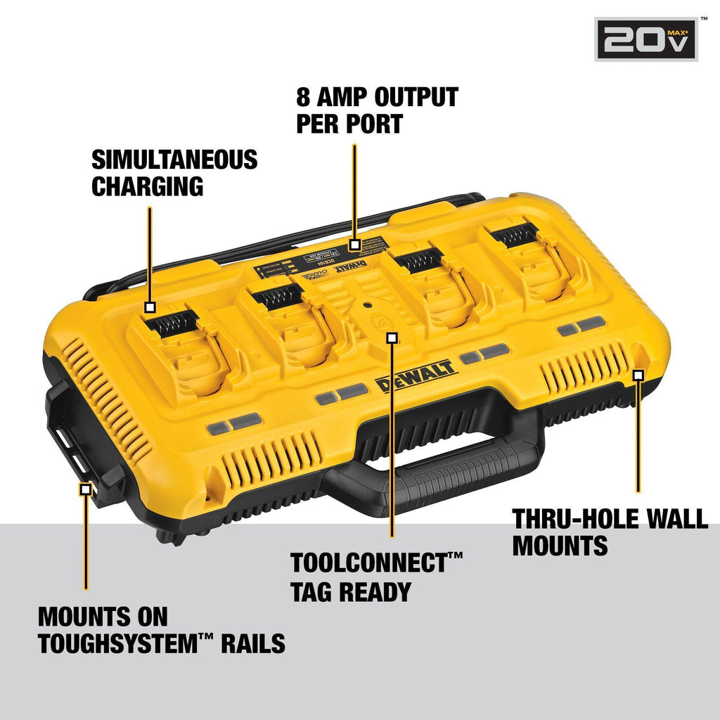DeWALT® Guaranteed Tough® DCB104 Multi-Port Simultaneous Fast Charger, For Use With 12 V Max/20 V Max and FLEXVOLT™ 20/60 V Max Batteries, Li-Ion Battery, (4) DCB606 - 60 min/(4) DCB204 - 40 min Charging, 4 Batteries