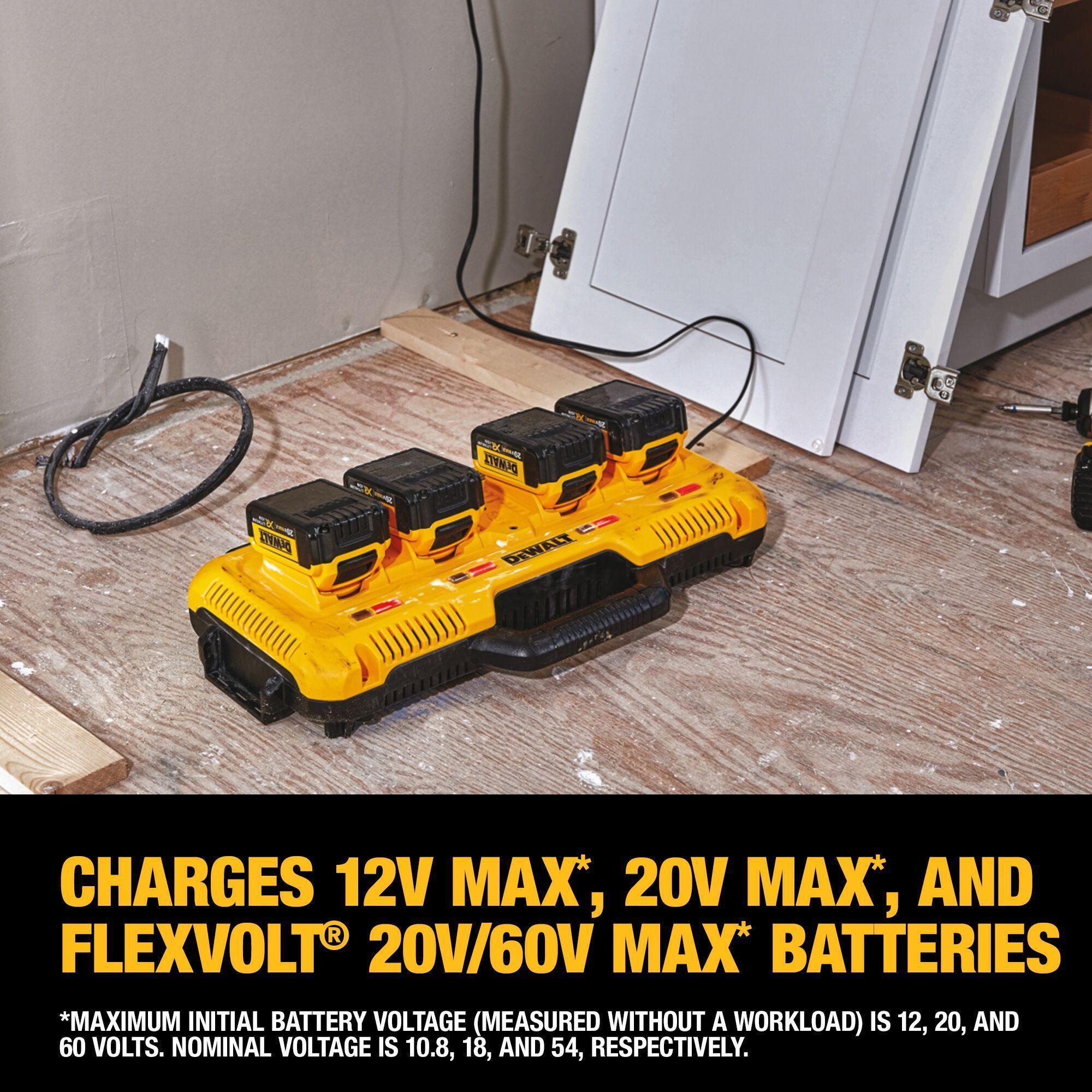 DeWALT® Guaranteed Tough® DCB104 Multi-Port Simultaneous Fast Charger, For Use With 12 V Max/20 V Max and FLEXVOLT™ 20/60 V Max Batteries, Li-Ion Battery, (4) DCB606 - 60 min/(4) DCB204 - 40 min Charging, 4 Batteries
