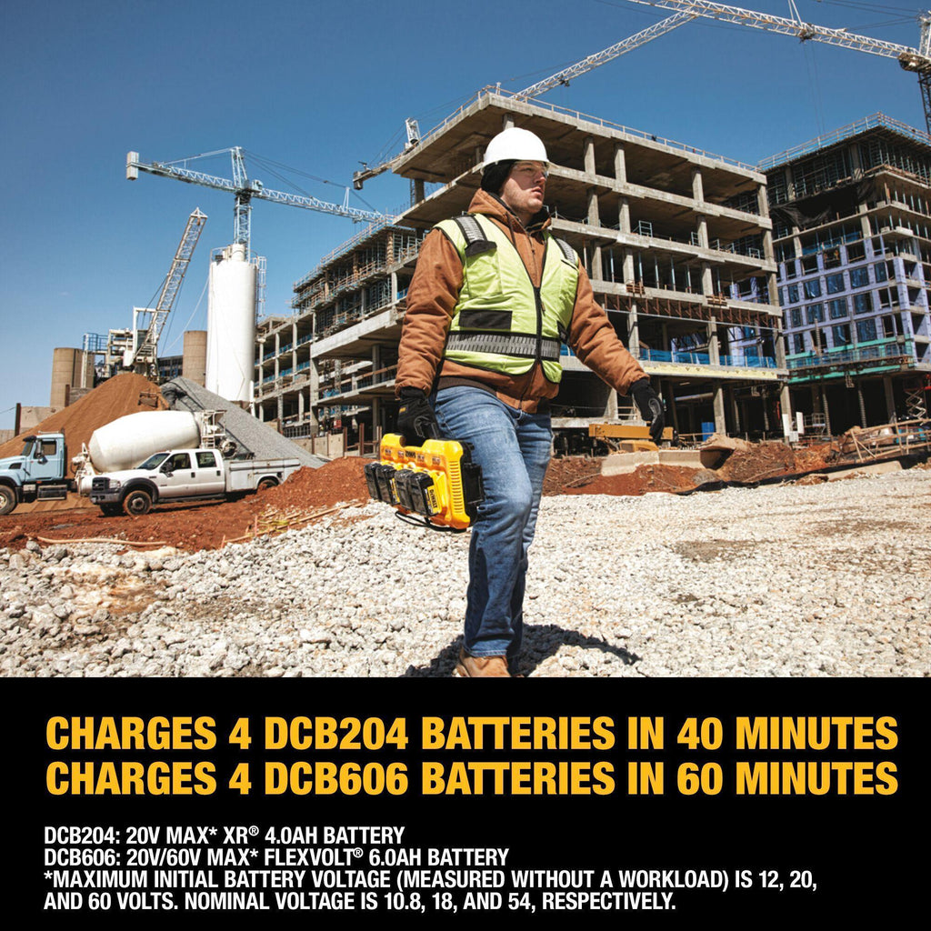 DeWALT® Guaranteed Tough® DCB104 Multi-Port Simultaneous Fast Charger, For Use With 12 V Max/20 V Max and FLEXVOLT™ 20/60 V Max Batteries, Li-Ion Battery, (4) DCB606 - 60 min/(4) DCB204 - 40 min Charging, 4 Batteries