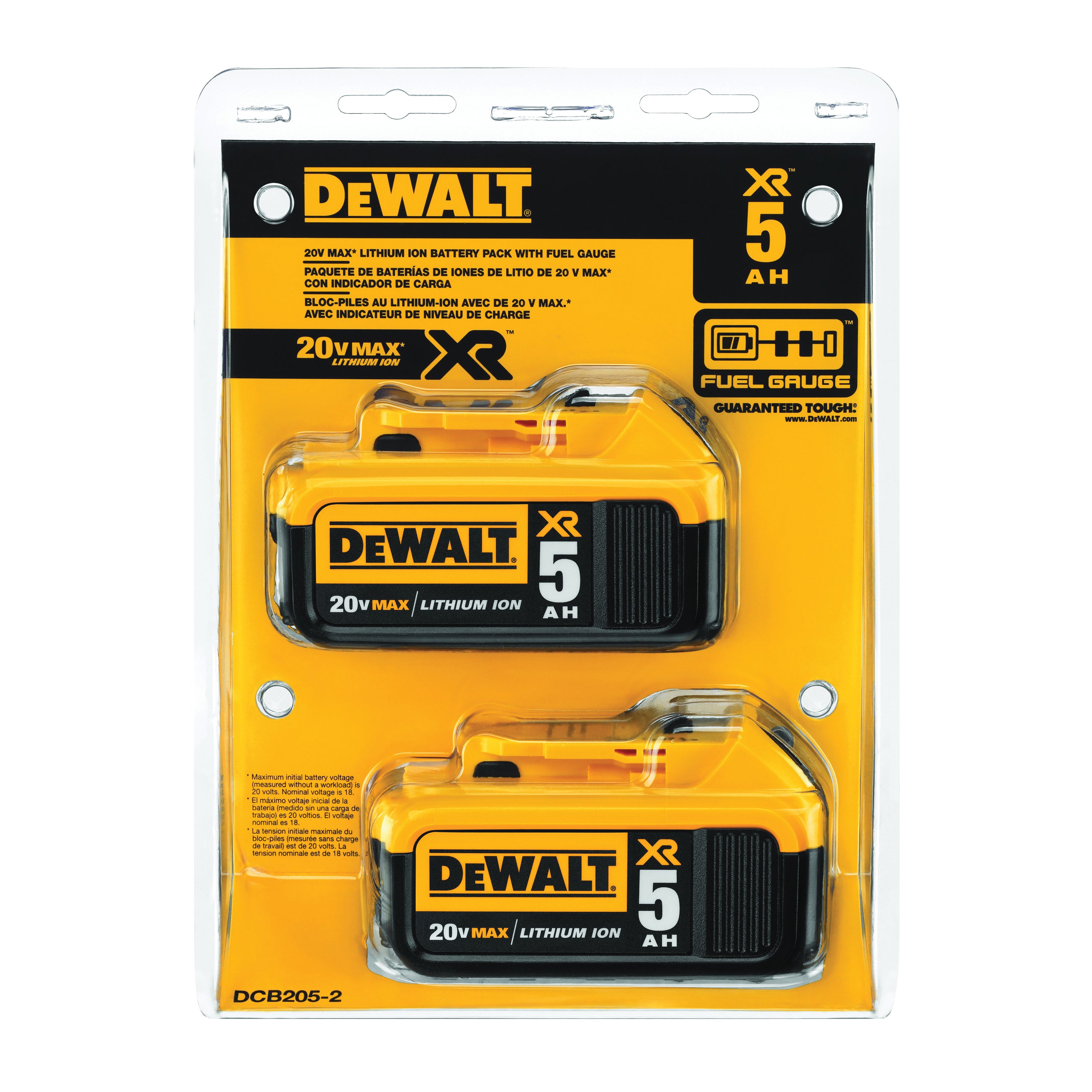 DeWALT® 20V MAX* DCB205-2 Premium Battery Pack, 5 Ah Li-Ion Battery, 20 V DC Charge, For Use With Entire Line of DEWALT 20 V Max Tools