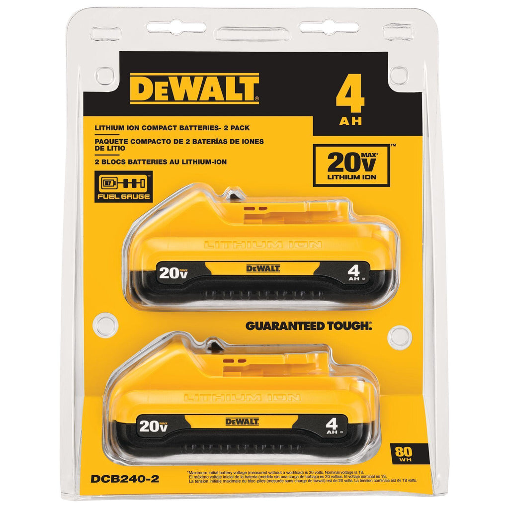 DeWALT® DCB240-2 Compact Battery, 4 Ah Li-Ion Battery, 20 V DC Charge, For Use With 20V MAX* Tools and Chargers