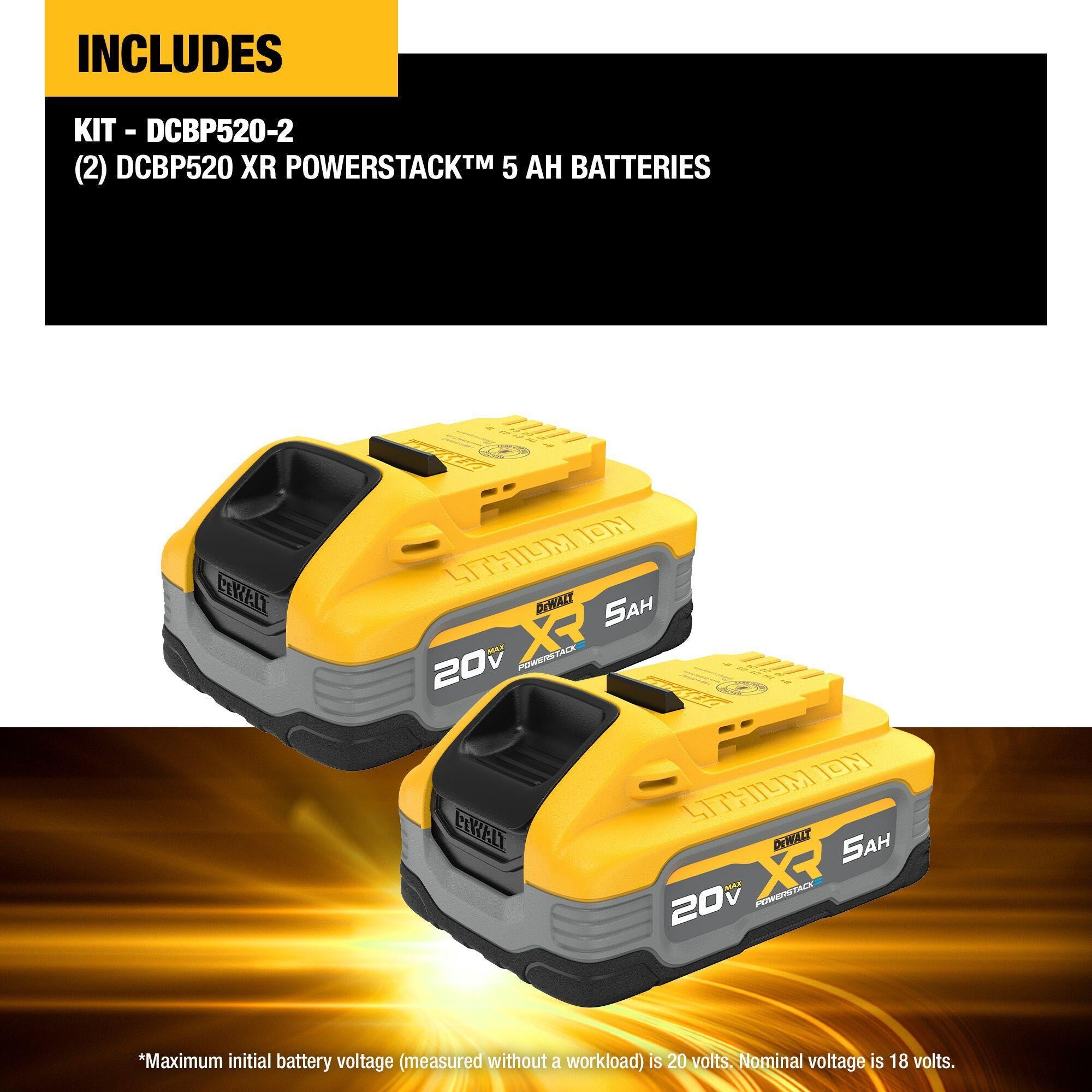 DeWALT® DCBP520-2 Battery, 5 Ah Battery Li-Ion Battery, 20 V Charge, For Use With DEWALT 20 V MAX* Tools