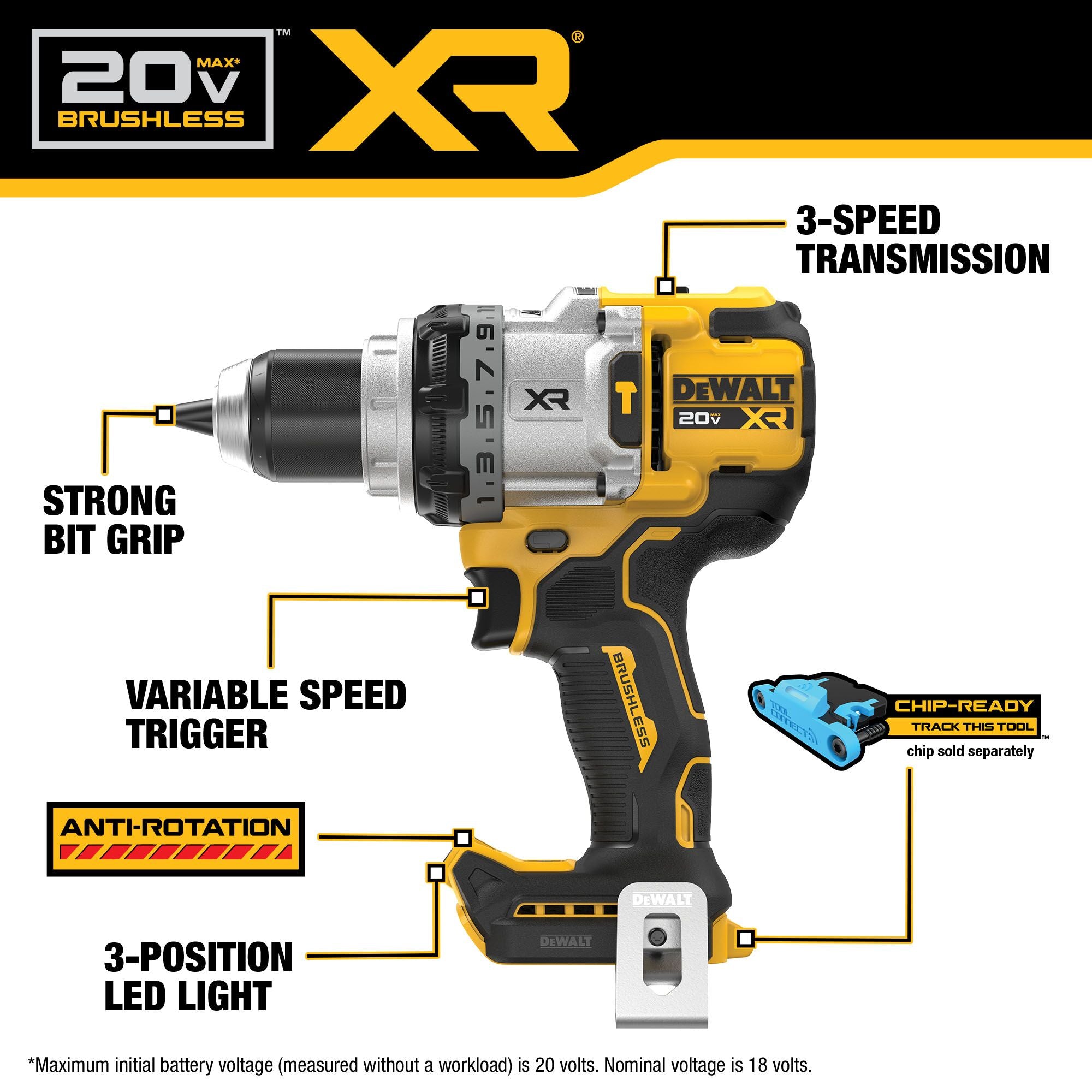DeWALT® DCD1007B Brushless Cordless Hammer Drill, 1/2 in Chuck Metal Ratcheting Chuck, 20 V DC