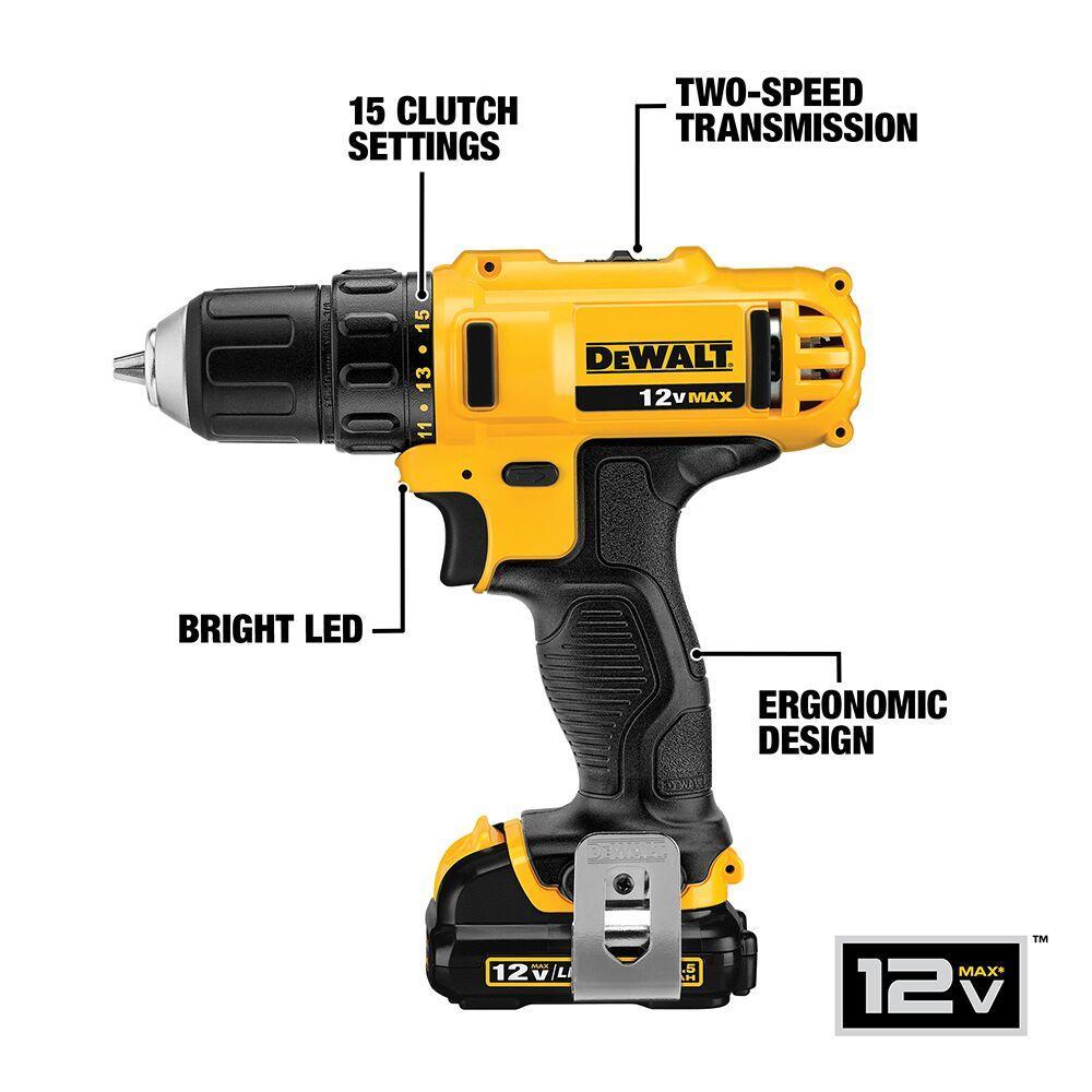 DeWALT® DCD710S2 Compact Lightweight Cordless Drill/Driver Kit, 3/8 in Chuck, 12 V DC, 0 to 400/0 to 1500 rpm No-Load, 7-1/2 in OAL, Li-Ion Battery