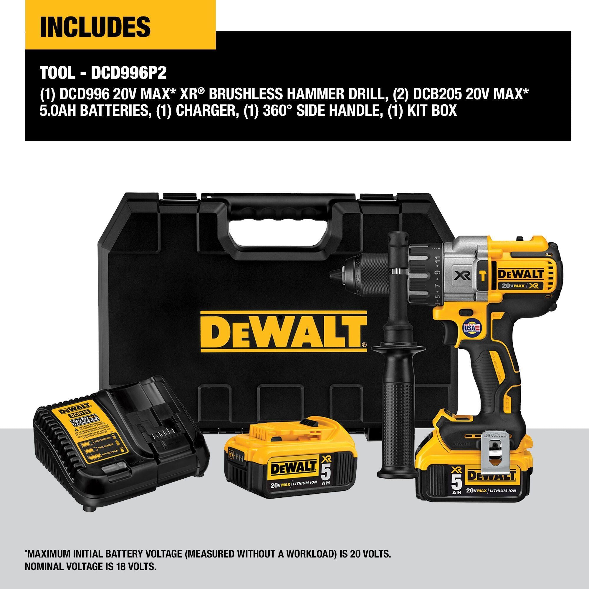 DeWALT® 20V MAX* DCD996P2 XR™ Brushless Cordless Hammer Drill Kit, 1/2 in Metal Ratcheting Chuck, 20 V DC, 0 to 2250 rpm No-Load, Li-Ion Battery