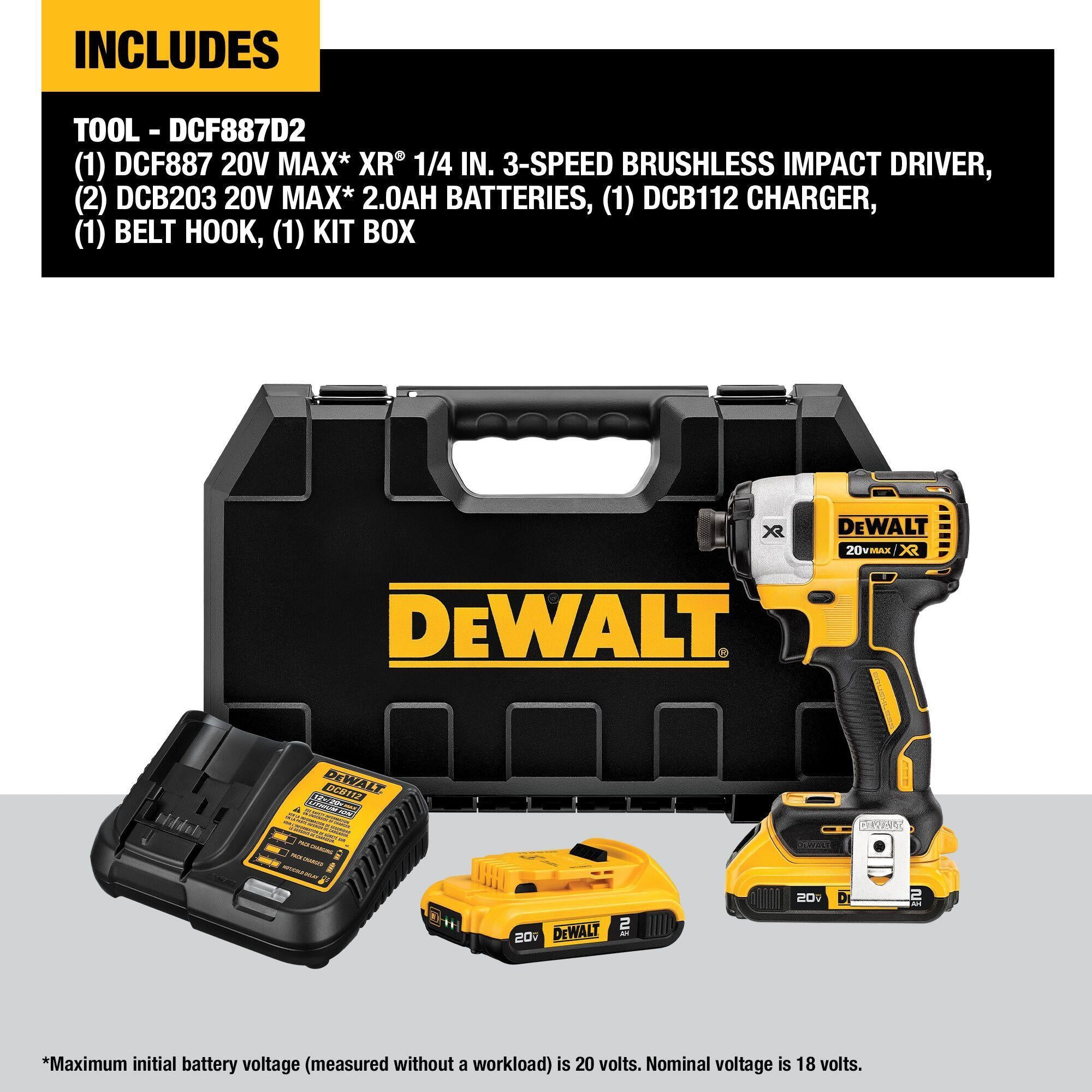 DeWALT® 20V MAX* MATRIX™ XR™ DCF887D2 Compact Lightweight Cordless Impact Driver Kit, 1/4 in Hex Drive, 3600 ipm, 1825 in-lb Torque, 20 V, 5.3 in OAL