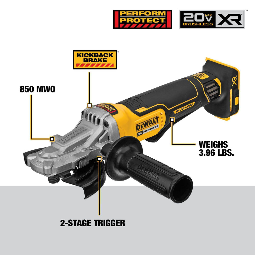 DeWALT® DCG413FB Small Cordless Angle Grinder, 5 in Dia Wheel, 5/8-11 Arbor/Shank, 20 V DC, Li-Ion Battery, Flathead Paddle Switch