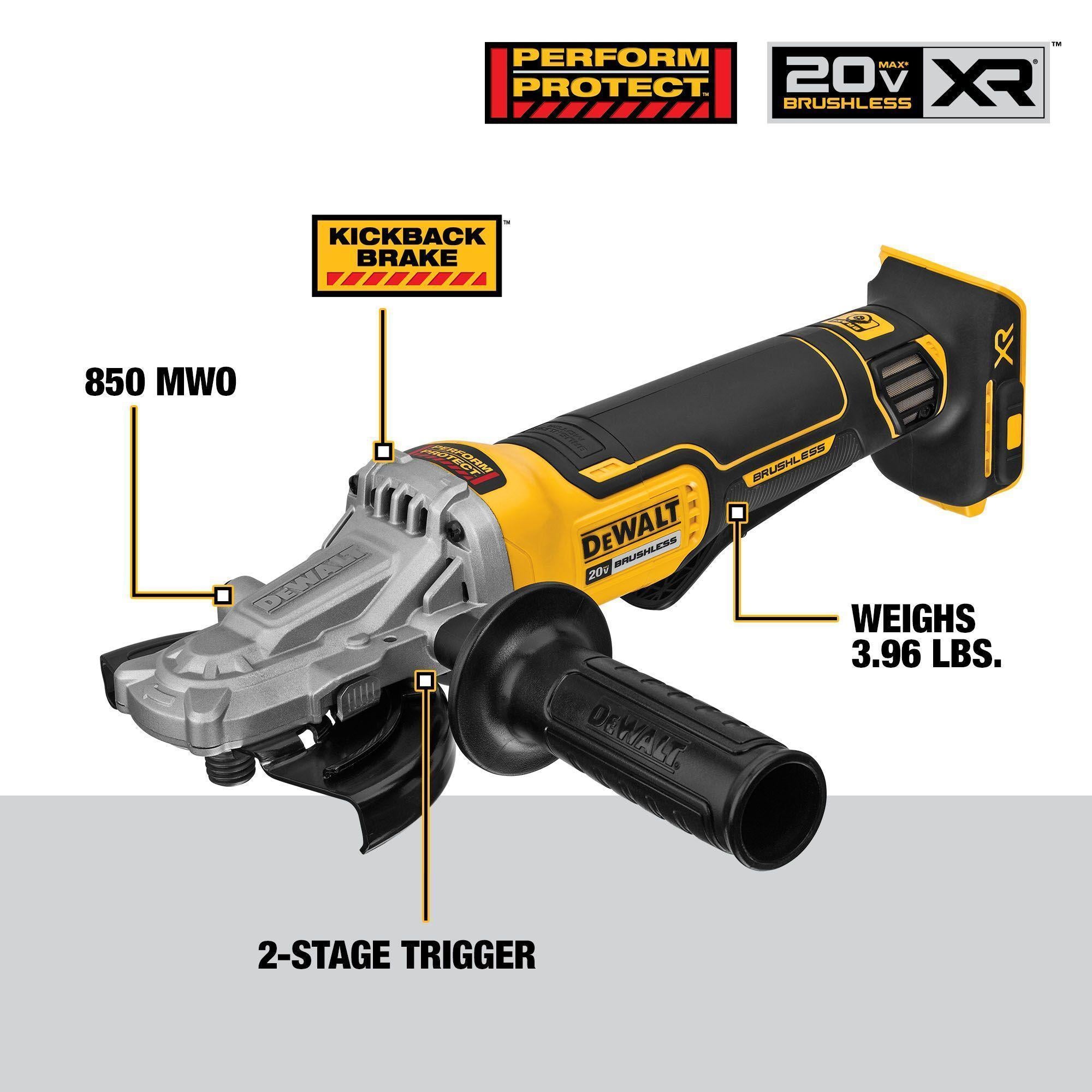 DeWALT® DCG413FB Small Cordless Angle Grinder, 5 in Dia Wheel, 5/8-11 Arbor/Shank, 20 V DC, Li-Ion Battery, Flathead Paddle Switch