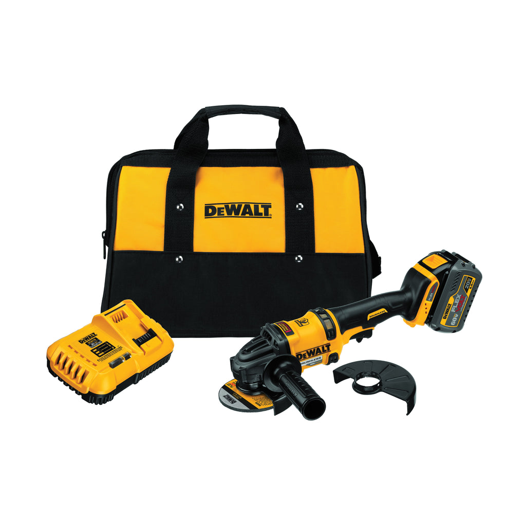 DeWALT® 60V MAX* FLEXVOLT™ DCG414T1 Brushless Cordless Angle Grinder With Kickback Brake, 6 in Dia Wheel, 5/8 in Arbor/Shank, 60 VDC, Li-Ion Battery, 1 Batteries, Trigger Switch, Tool Only