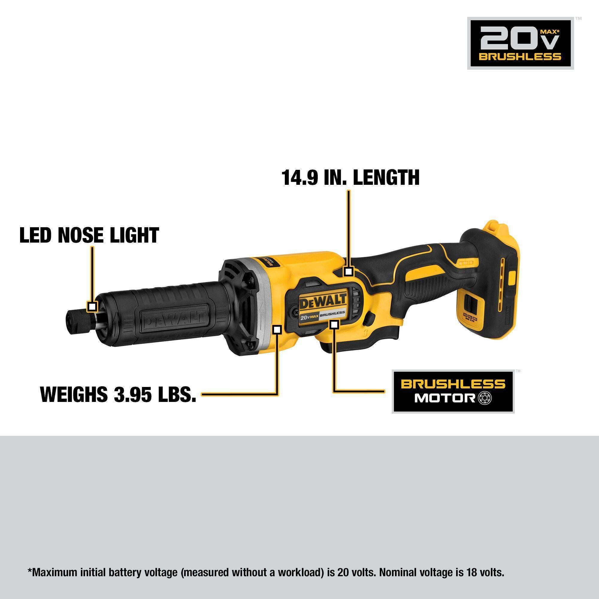 DeWALT® 20V MAX* DCG426B Cordless Die Grinder, 20 V DC, Li-Ion Battery, Black/Yellow