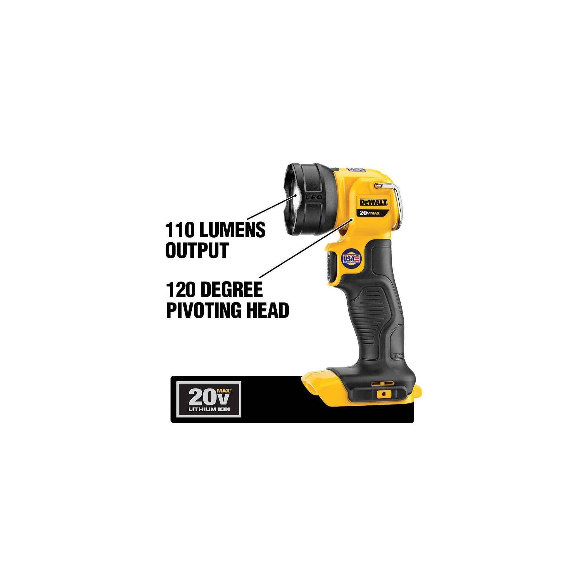 DeWALT® 20V MAX* DCL040 Cordless Rechargeable Work Light, 20 V DC, Li-Ion Battery