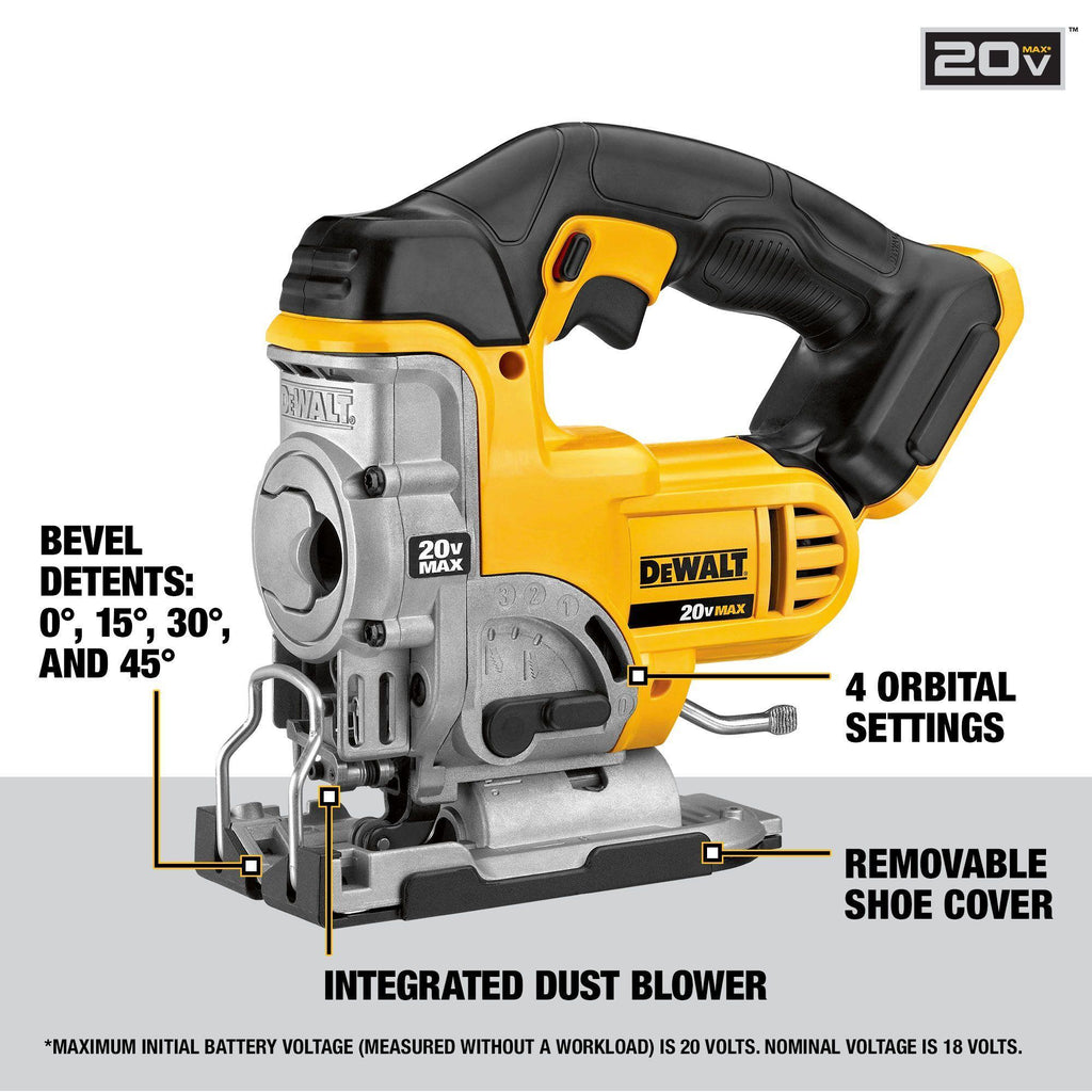 DeWALT® DCS331B 20V MAX* Cordless Jig Saw, 20 V DC, For Blade Shank: T-Shank, 11-1/4 in OAL, Li-Ion Battery, Tool Only