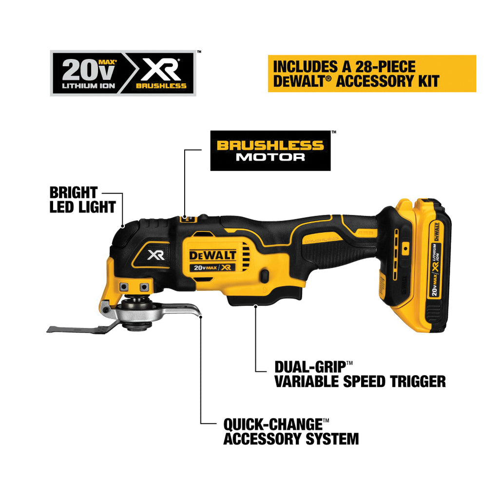 DeWALT® DCS355D1 Quick-Change Cordless Oscillating Multi-Tool Kit, 21000 opm Speed, 20 VDC, Li-Ion Battery, 1 Batteries, Trigger Switch