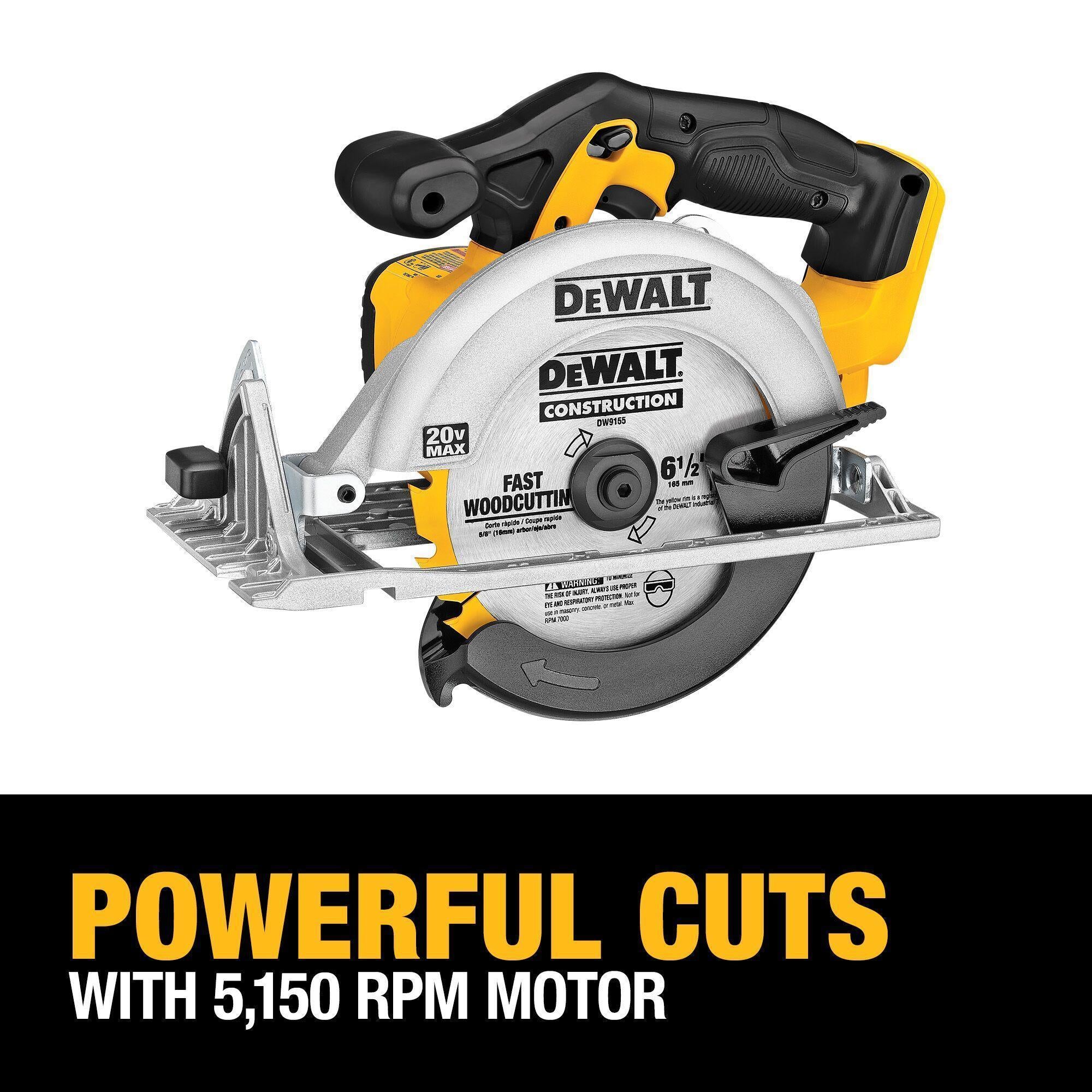 DeWALT® DCS391B Cordless Circular Saw, 6-1/2 in Dia Blade, 5/8 in Arbor/Shank, 20 V DC, 1-5/8 in at 45 deg, 2-1/4 in at 90 deg D Cutting, Li-Ion Battery, Left Blade Side
