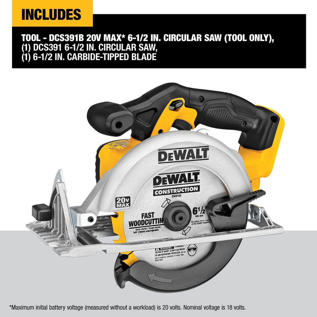 DeWALT® DCS391B Cordless Circular Saw, 6-1/2 in Dia Blade, 5/8 in Arbor/Shank, 20 V DC, 1-5/8 in at 45 deg, 2-1/4 in at 90 deg D Cutting, Li-Ion Battery, Left Blade Side