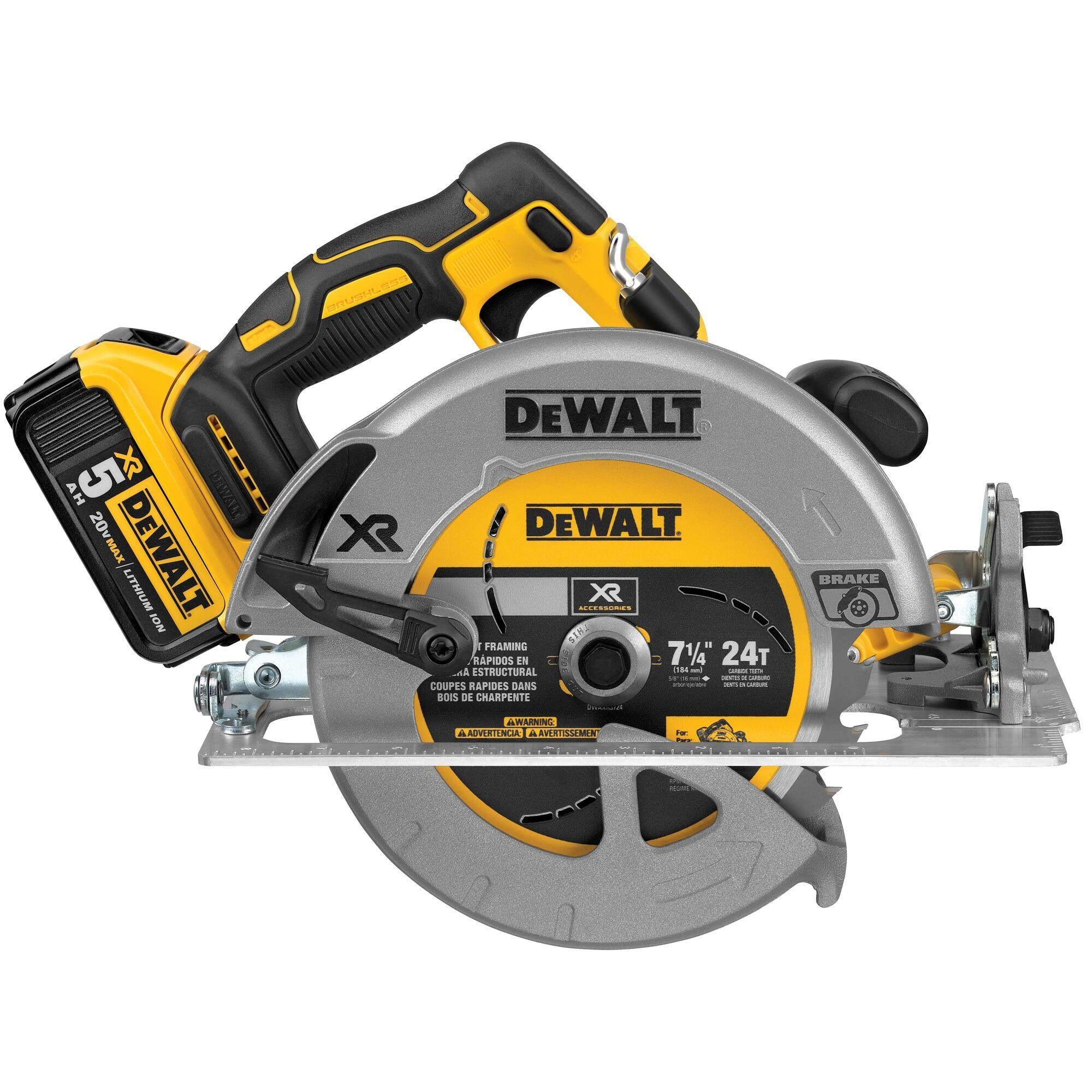DeWALT® DCS570P1 XR® Brushless Motor Rear Pivot Cordless Circular Saw Kit, 7-1/4 in Dia Blade, 5/8 in Arbor/Shank, 20 V DC, Li-Ion Battery, Right Blade Side