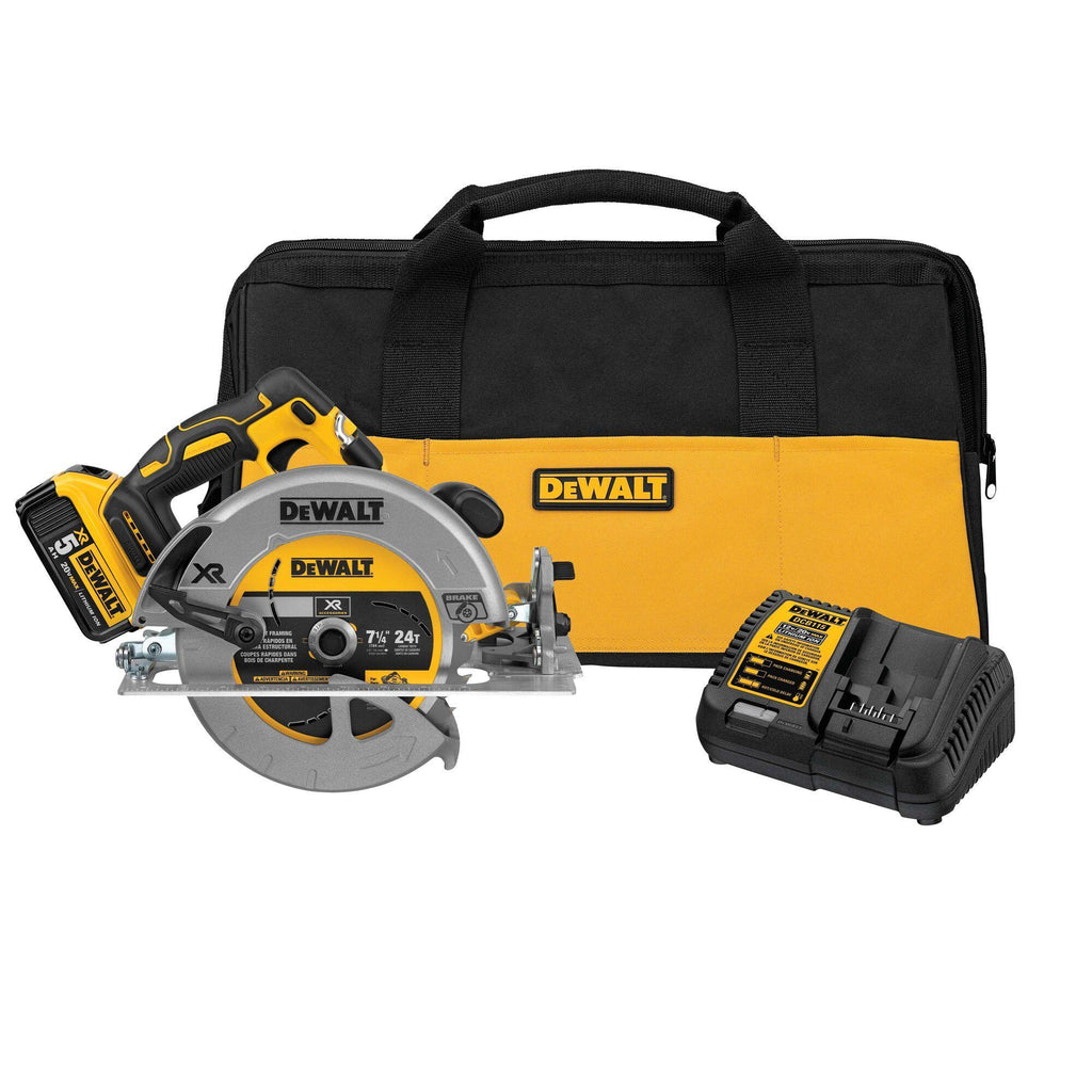 DeWALT® DCS570P1 XR® Brushless Motor Rear Pivot Cordless Circular Saw Kit, 7-1/4 in Dia Blade, 5/8 in Arbor/Shank, 20 V DC, Li-Ion Battery, Right Blade Side