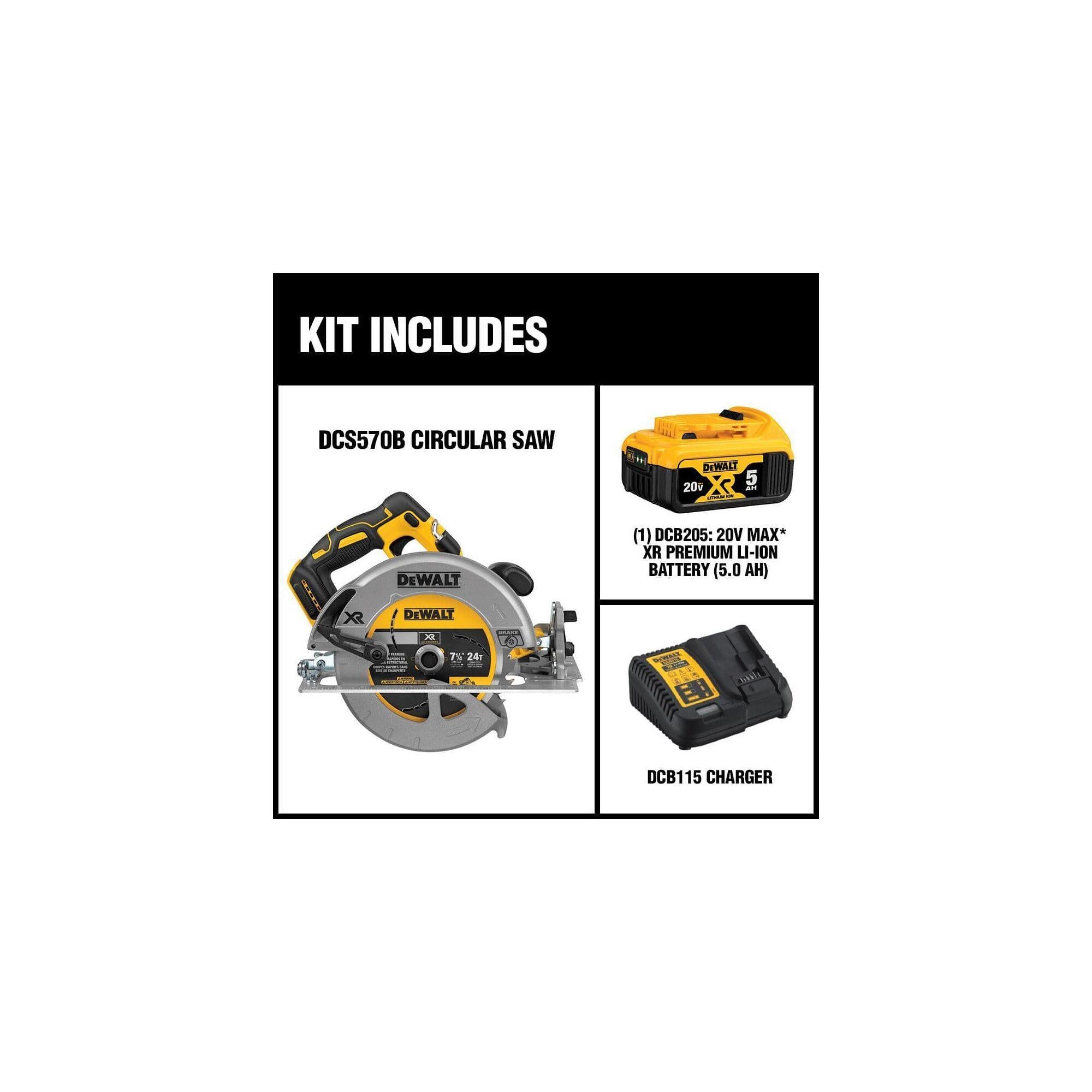 DeWALT® DCS570P1 XR® Brushless Motor Rear Pivot Cordless Circular Saw Kit, 7-1/4 in Dia Blade, 5/8 in Arbor/Shank, 20 V DC, Li-Ion Battery, Right Blade Side