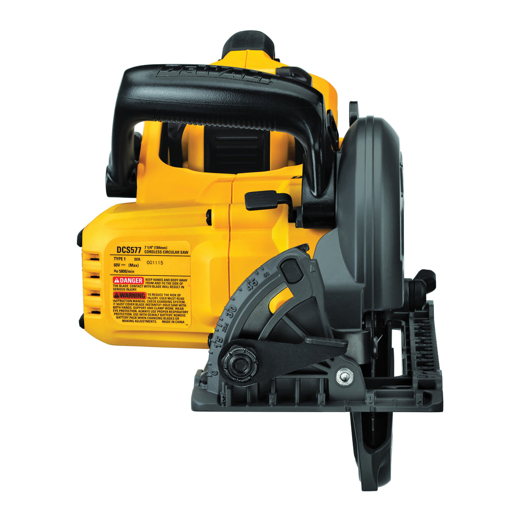 DeWALT® 60V MAX* FLEXVOLT™ DCS577X1 Worm Drive Cordless Circular Saw Kit, 7-1/4 in Blade, 5/8 in Arbor/Shank, 60 V DC, 1-7/8 in at 45 deg, 2-7/16 in at 90 deg D Cutting, Li-Ion Battery, Left Blade Side