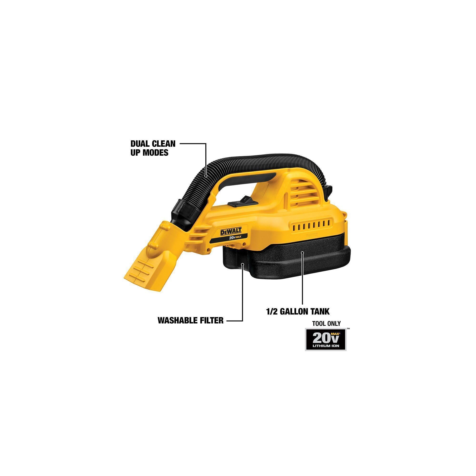 DeWALT® DCV517B Portable Wet/Dry Vacuum Cleaner, 0.5 gal Tank, 20 V DC