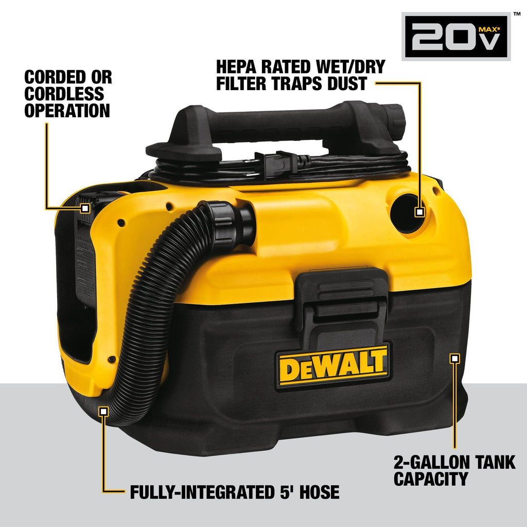 DeWALT® DCV581H Industrial Wet/Dry Vacuum, 8 A, 2 gal Tank, 18/20 V DC