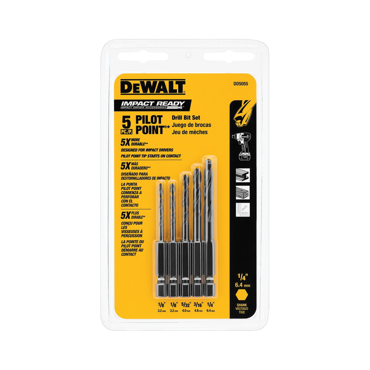 DeWALT® Impact Ready® DD5055 Drill Bit Set, 135 deg Drill Point Angle, 5 Pieces, HSS, Black Oxide