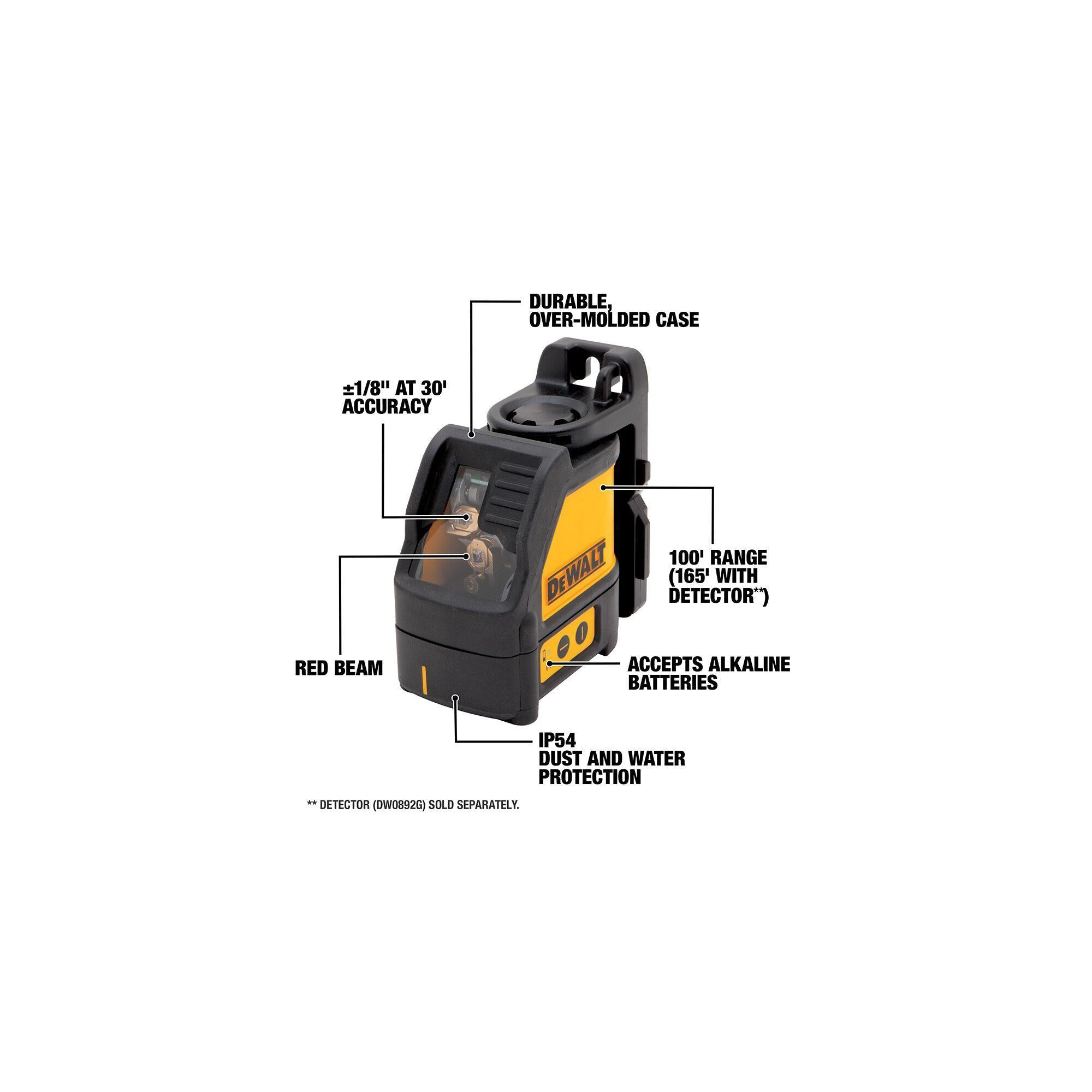 DeWALT® DW088K Self-Leveling Line Laser, +/-0.3 mm/m Accuracy, +/-4 deg Auto Leveling, 2 Beams