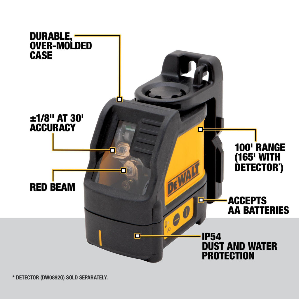 DeWALT® DW088K Self-Leveling Line Laser, +/-0.3 mm/m Accuracy, +/-4 deg Auto Leveling, 2 Beams
