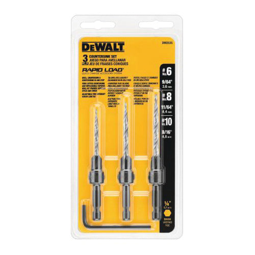 DeWALT® Rapid Load® DW2535 Countersink Set, #10 Min Trade Size, #6 Max Trade Size, 9/64 in Dia Min Drill, 3/16 in Dia Max Drill, 3 Pieces, HSS